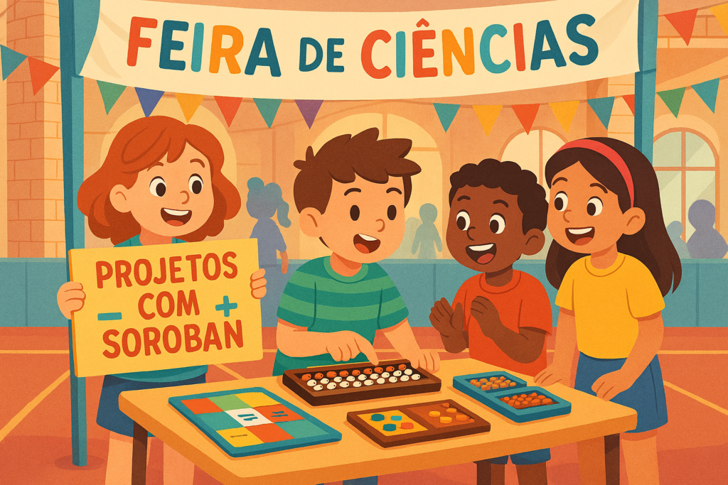 Crianças apresentando projetos criativos com Soroban em uma feira de ciências escolar.